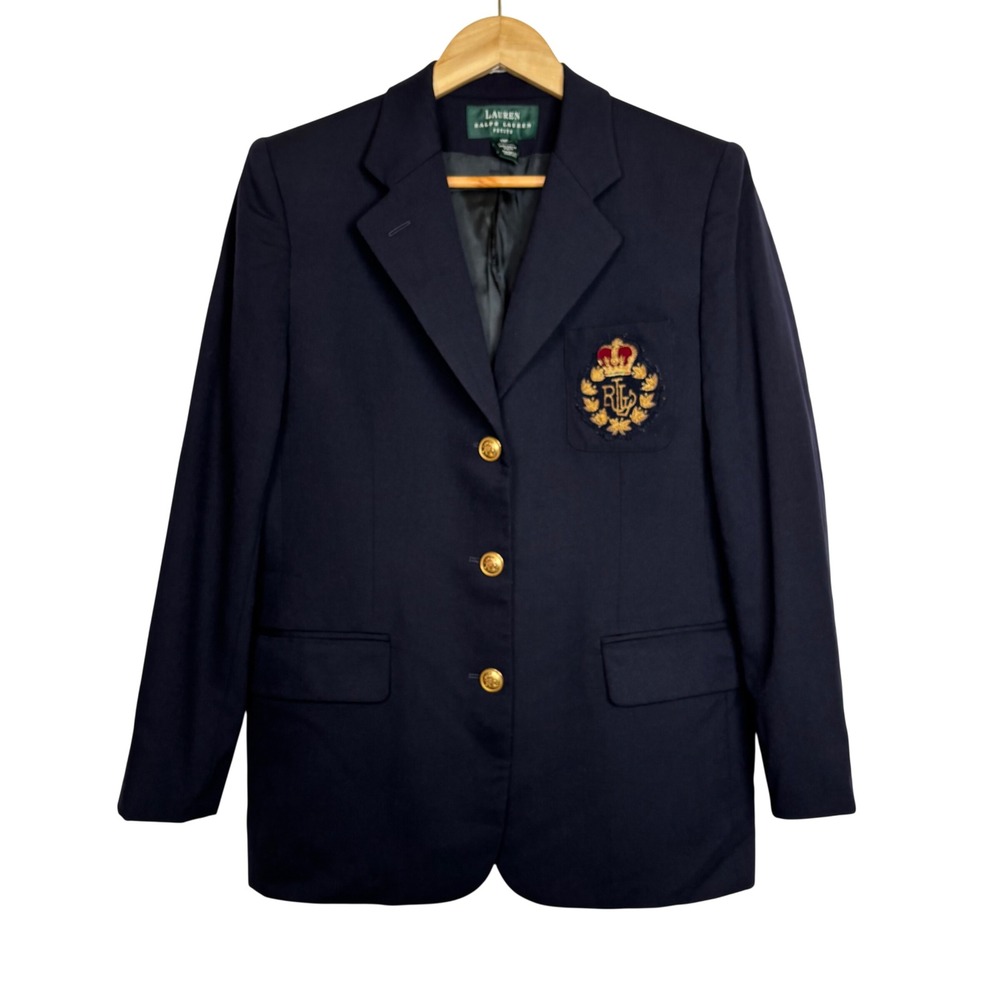 Lauren Ralph Lauren Crested Blazer 12P Navy Blue Preppy Gold Buttons Academia